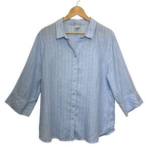 Chico's No Iron Linen Light Blue Striped Button Down Shirt, 3/16